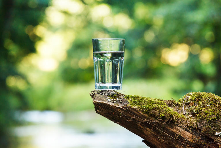 A glass of water in nature. 